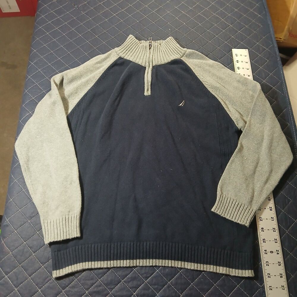 Nautica Navy Blue & Gray Quarter-Zip Pullover Sweater Mens XL 100% Cotton